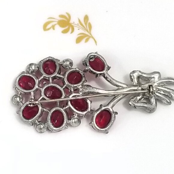Large Art Deco Red Glass Flower Spray Pot Metal Brooch Rhinestone - Bouquet Bow - Picture 3 of 7